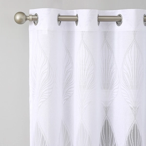 Elegant white lace sheer curtain with leaf embroidery and silver metal grommets for home