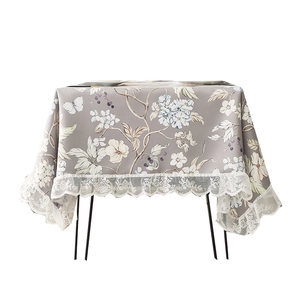 Vintage greige floral tablecloth with white lace edges for dining room decor