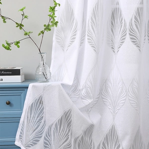 White semi-transparent lace sheer curtain with leaf jacquard pattern for living rooms