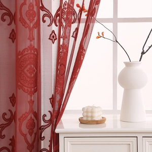 Close-up of dark red damask embroidery on translucent polyester lace sheer curtain