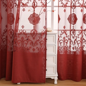 Detail of dark red damascus lace sheer curtain with elegant geometric embroidered border