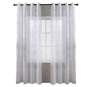 White semi-transparent lace curtain with Damascus floral pattern and grommet top design