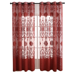 Elegant burgundy lace sheer curtains with royal floral embroidery for living room windows