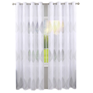 White semi-transparent lace curtains with leaf patterns and metal eyelet rings