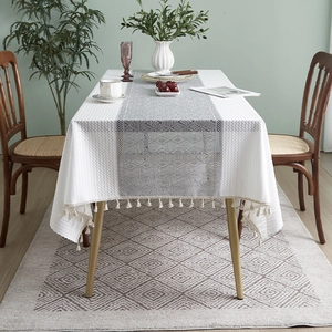 French Style Rectangular Tablecloth Grey Diamond Splicing Tassels Polyester Waffle Texture Dining Table Cover Decor