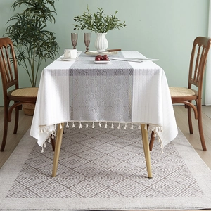 French style cotton linen tablecloth with gray jacquard strip and elegant tassel edges