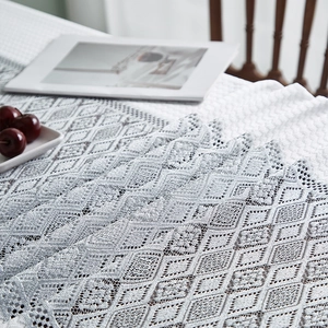 Detailed macro view of French style lace tablecloth with geometric diamond weave texture