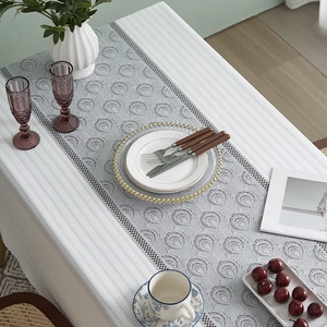 French style white linen tablecloth with grey lace runner for elegant dining room decor