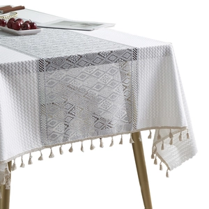 French cotton linen tablecloth with waffle texture, hollow geometry and tassels