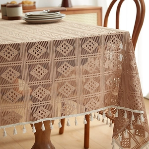 Bohemian style hollow geometric crochet tablecloth with elegant white fringe tassel edge