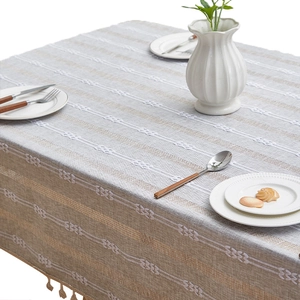 French vintage striped linen tablecloth with elegant white embroidery and tassel fringe edges