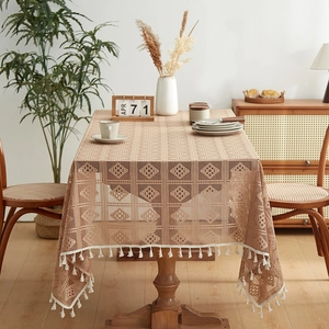 Brown hollow lace tablecloth with white tassels for vintage luxury dining room decor