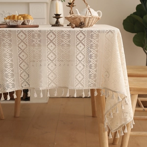 Bohemian Crochet Hollow Out Lace Tablecloth Beige Geometric Diamond Pattern With Tassels For Rectangular Dining Table Home Decor