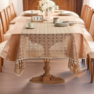 Luxury Hollow Out Lace Tablecloth With Tassels Geometric Diamond Pattern Rectangular Polyester Table Cover For Dining Room Home Decor