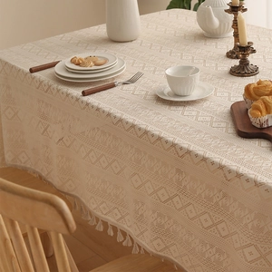 Bohemian beige lace tablecloth with hollow geometric patterns and elegant tassels