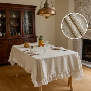 Mantel Beige de Poliéster Minimalista Con Borde de Volantes Elegante Cubierta de Mesa Rectangular Lavable Estilo Pastoral
