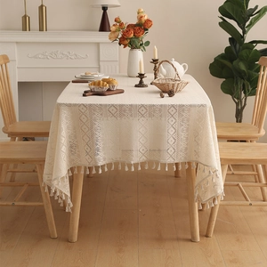 Bohemian hollow lace tablecloth with cotton tassels for a vintage dining room decor