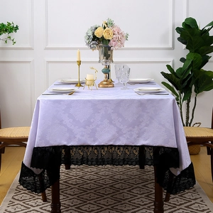 Lavender rectangular tablecloth with damascus floral pattern and black lace trim