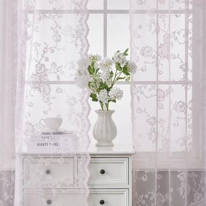 Pink French lace sheer curtain with floral rose embroidery and elegant scalloped edges