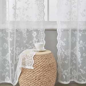 White French lace curtain with floral rose embroidery and delicate scalloped edges