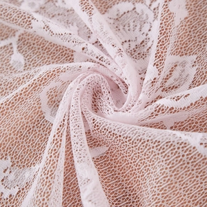 Pink French lace sheer curtain fabric with large rose jacquard and hollow mesh structure