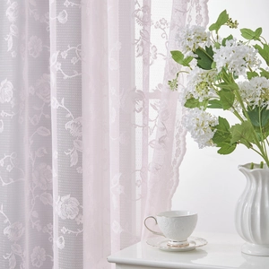 Pink French lace sheer curtain with 3D rose floral pattern for romantic bedroom decor