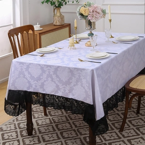 European Vintage Polyester Tablecloth With Damascus Jacquard And Lace Edge Heat Resistant Rectangular Dining Table Cover