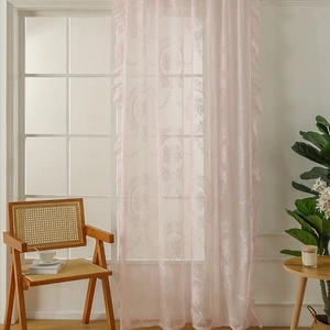 Pink French lace curtain with floral embroidery and ruffle trim for bedroom windows