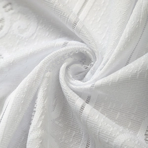 White lace cafe curtain with embroidered hollow patterns and vertical stripes for windows