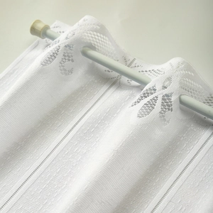 Elegant white lace partition curtain with floral hollow patterns and rod pocket design