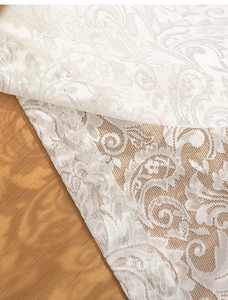 Dettaglio del tessuto in pizzo bianco vintage francese con ricami floreali fini