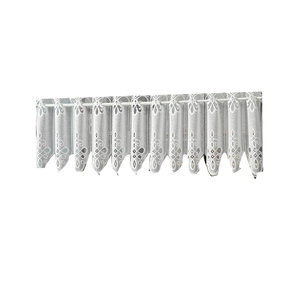 White lace cafe curtain with geometric floral hollow patterns and scalloped hemline