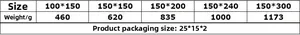 Size and weight chart for Bohemian tablecloths ranging from 100x150cm to 150x300cm