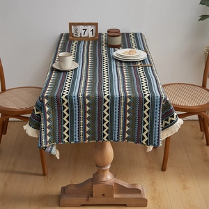 Bohemian Rectangular Tablecloth With Tassels Geometric Wave Printed Polyester Table Cloth For Dining Picnic Home Decoration