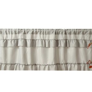 Light gray layered ruffle cafe curtain with vertical stripes and rod pocket design