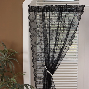 Elegant black lace curtain with floral embroidery and white pearl tieback for living room
