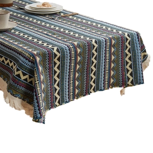 Bohemian geometric tablecloth with white tassels for dining and picnic decor