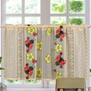 Country style semi-sheer cafe curtain with ladybug and floral patterns and scallop edges