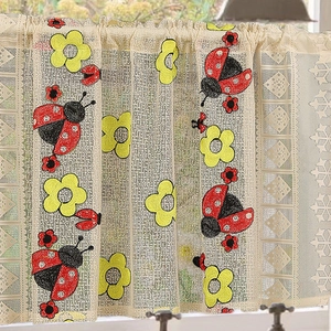 Beige lace cafe curtain with ladybug and yellow flower embroidery in pastoral style