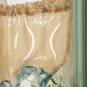 Champagne damask jacquard cafe curtain with floral pattern and scalloped wavy edges