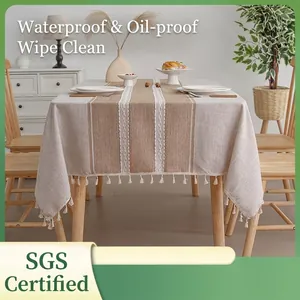 American Light Luxury Striped Tablecloth Polyester Linen Texture Waterproof Oilproof Rectangular Table Cloth With Tassels Home Kitchen Decor