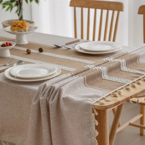 Linen texture tablecloth with lace splicing and elegant fringe tassels in beige color