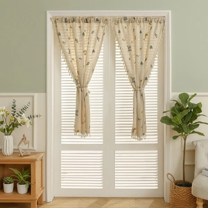 Linen cafe curtains with wheat embroidery and white tassel fringe for door partitions