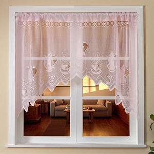 Pink French lace cafe curtain with floral teapot embroidery and scalloped edges