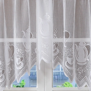 White French lace café curtain with teapot pattern and elegant scalloped edge for windows