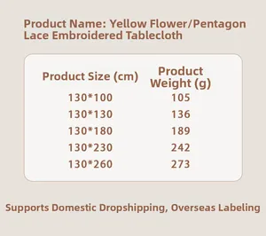 Size chart table for floral lace embroidered tablecloth with dimensions and weight data