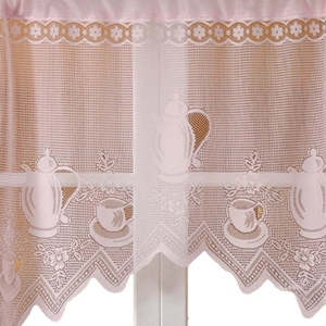 White French lace cafe curtain with teapot and floral patterns and scalloped edges