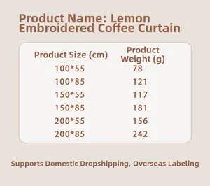 Size chart for lemon embroidered cafe curtains in various dimensions and weight specs