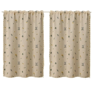 Linen blend cafe curtain with floral embroidery, white lace edges and rod pocket design
