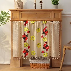 Embroidered Coffee Curtain Lace Half Curtain For Kitchen Bedroom Ladybug Butterfly Mushroom Patterns Tassel Short Curtain